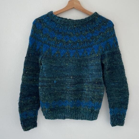 Vtg 80's Handknit Aquamarine Spaceknit Chunky Pullover Sweater Cozy Grunge - Picture 1 of 10